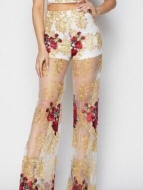 Banjul White Sheer pant with Gold Embroidery and Red Floral Accents